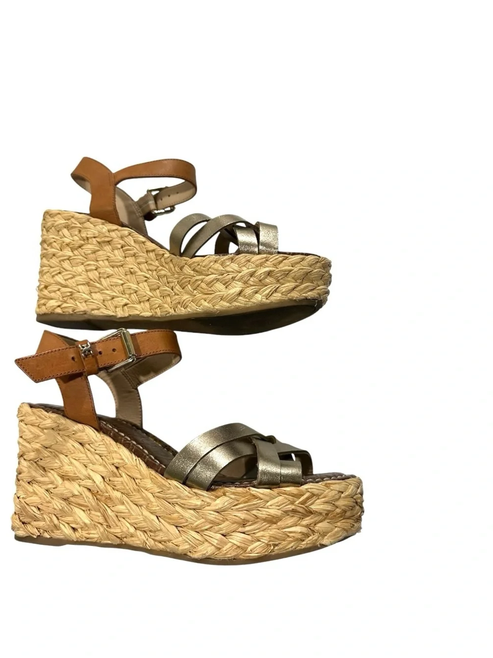 Sam Edelman Darline Metallic Gold Straw Braided Platform Wedge Sandals 7M